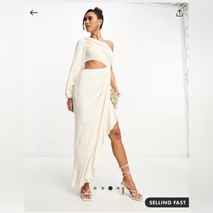 ASOS linen ruched one sleeve maxi dress with ruffle side split